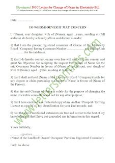 NOC Letter Format for Change of Name in Electricity .